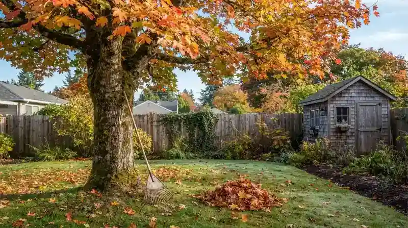 A big bigleaf maple tree with orange autumn leaves in a backyard, a wooden rake leaning against its trunk and leaves piled on the lawn