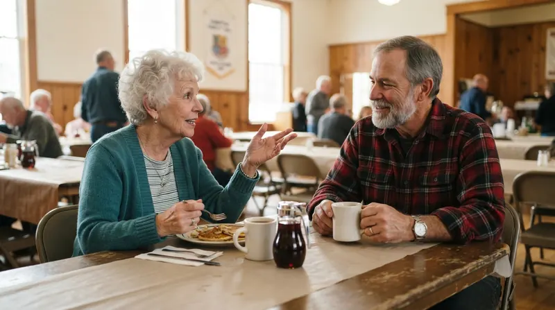An older woman with short white hair and an older man in a flannel shirt talking at a long table in a small-town hall over pancakes and coffee mugs