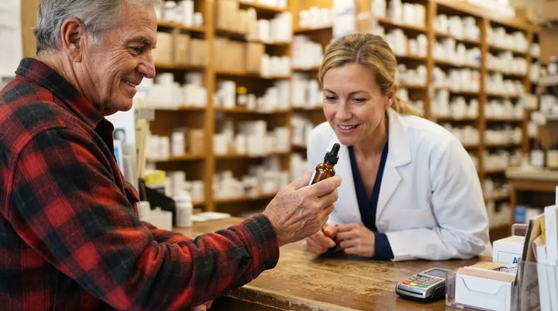 A pharmacist in a white coat reading the side label of a small amber bottle held out by an older man in a flannel shirt at a neighborhood pharmacy counter