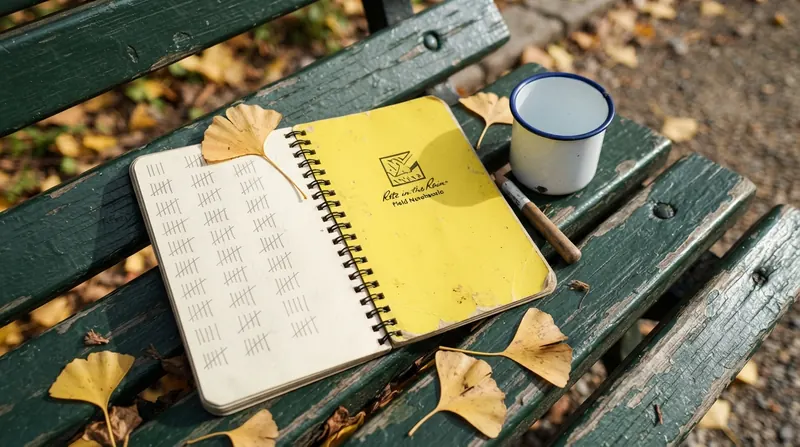 An open yellow field notebook on a park bench with a pencil-drawn tally of short marks in columns beside a pressed ginkgo leaf and an enamel cup