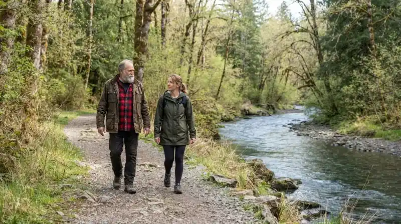 An older man in a flannel shirt and his grown daughter walking side by side along a creek path under bare spring trees, seen from behind
