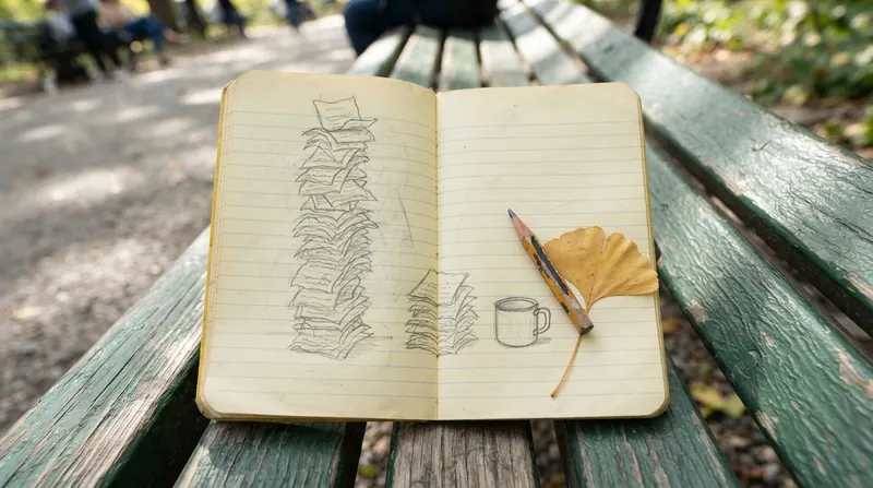 A hand-drawn pencil sketch on yellow notebook paper of a tall stack of small receipts beside a single small cup, with a ginkgo leaf resting on the page