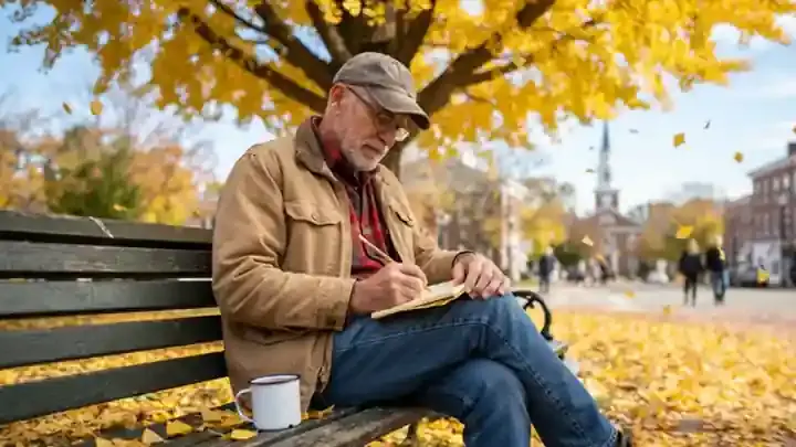 An older man in a canvas jacket sitting on a green park bench under a golden ginkgo tree writing in a small yellow notebook, leaves drifting, slow pan