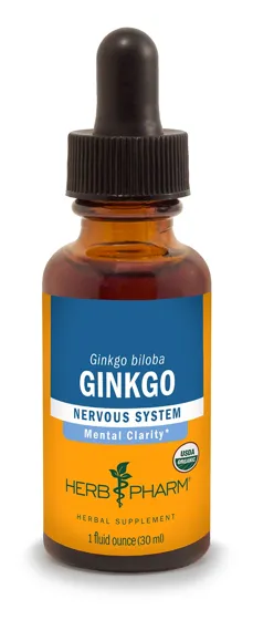 The Herb Pharm Ginkgo liquid extract one-ounce amber bottle with its orange and blue label